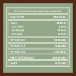 Valori nutrizionali dell’olio di mandorle crude – 100ml | Nutrition facts for 100ml raw almond oil