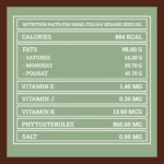 Valori nutrizionali dell’olio di sesamo italiano – 100ml | Nutrition facts for Italian sesame seed oil – 100ml