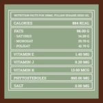 Valori nutrizionali dell’olio di sesamo italiano – 100ml | Nutrition facts for Italian sesame seed oil – 100ml