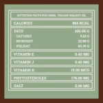 Valori nutrizionali dell’olio di noci italiane – 100ml | Italian walnut oil – 100ml nutrition facts