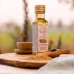 Olio crudo integrale AmicEarth con semi e paesaggio naturale | AmicEarth whole raw oil with seeds and natural background