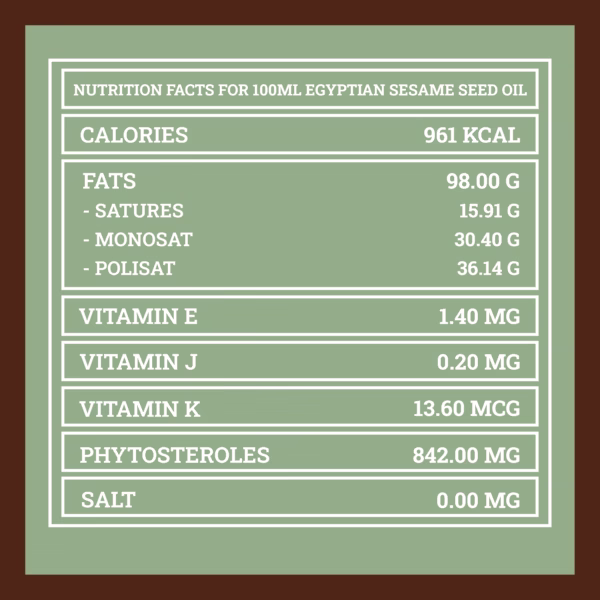 Valori nutrizionali dell’olio di sesamo Egiziano – 250ml | Nutrition facts for Egyptian sesame seed oil – 250ml