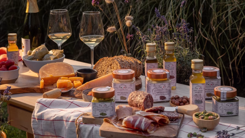 Cena al Tramonto con i Sapori di AmicEarth | Sunset Dinner with the Flavors of AmicEarth Tavola rustica al tramonto con oli e creme AmicEarth | Rustic sunset table with AmicEarth oils and spreads