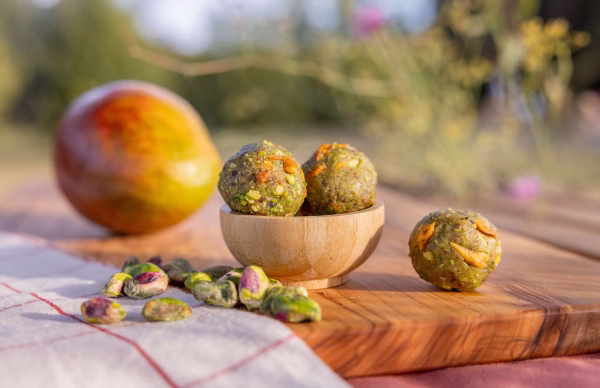 Palline raw con pistacchi e mango essiccato | Raw balls with pistachios and dried mango Palline energetiche con pistacchi e mango su tagliere di legno | Energy balls with pistachios and mango on wooden board